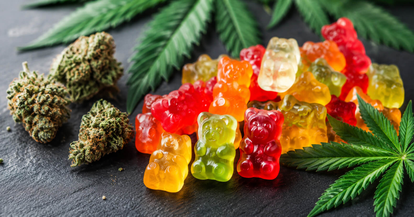 Gummy bears next to cannabis leaves at CREAM cannabis dispensary in Jersey City.