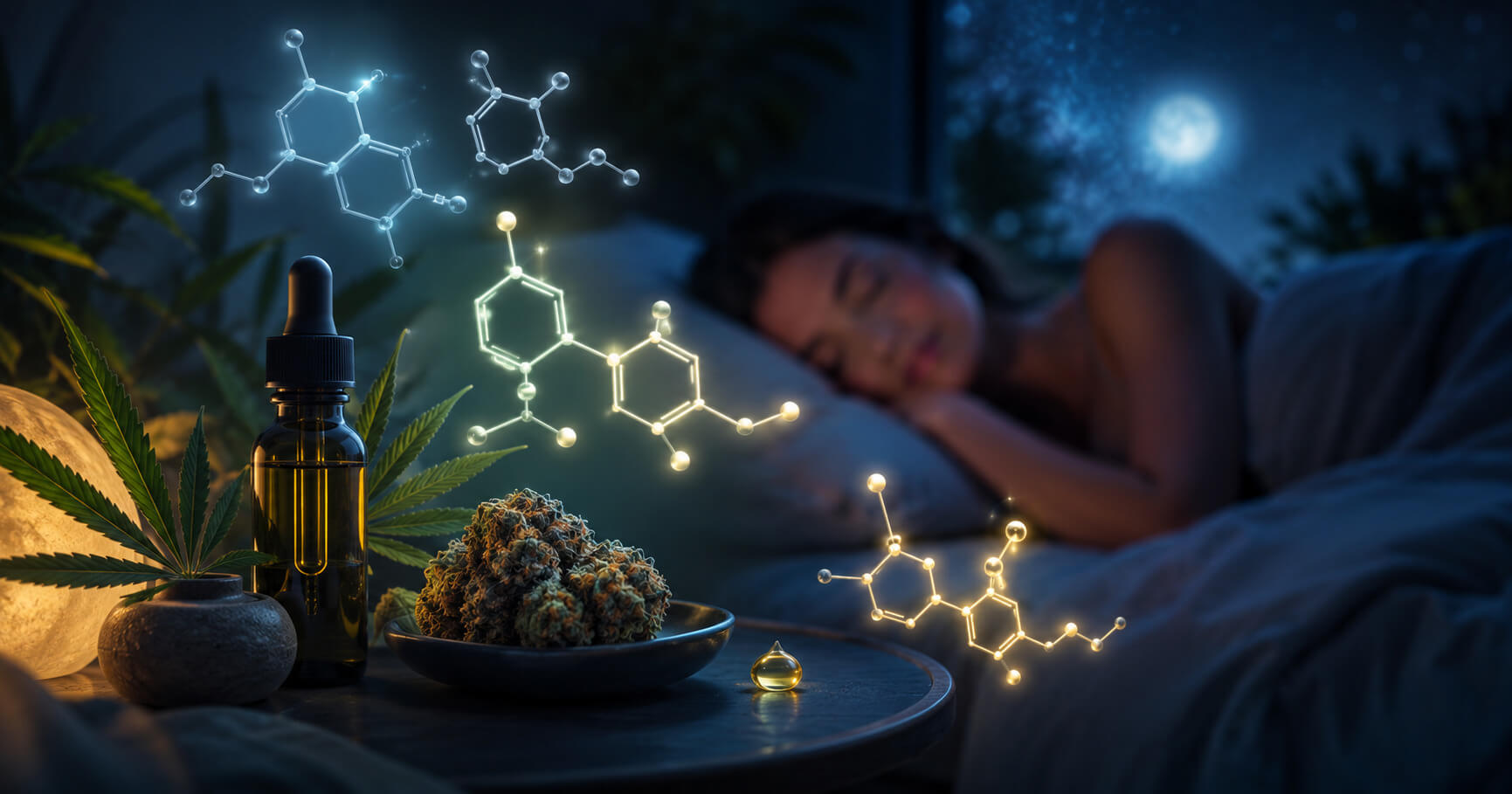 Person sleeping while floating in the air surrounded by cannabis leaves, isolated on a white background.